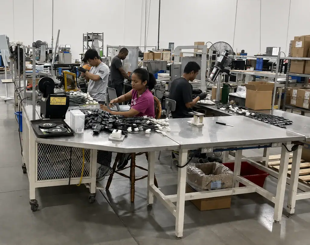 Operators building washer lid switch assemblies on the RELY floor